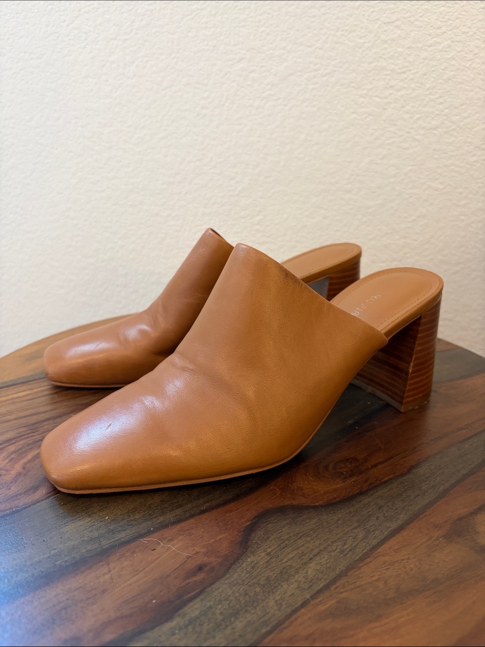 Marc Fisher Cognac Leather Block Heel Mules